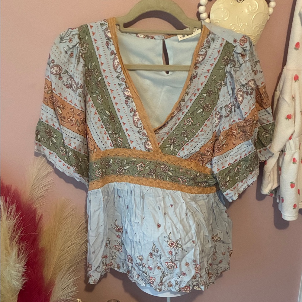 In Bloom Boho Multicolor Patchwork V-Neck Blouse - image 1